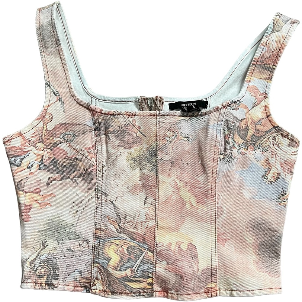 Forever 21 Renaissance Art Print Denim Cotton Cropped Tank Top Size Medium. - Picture 2 of 7